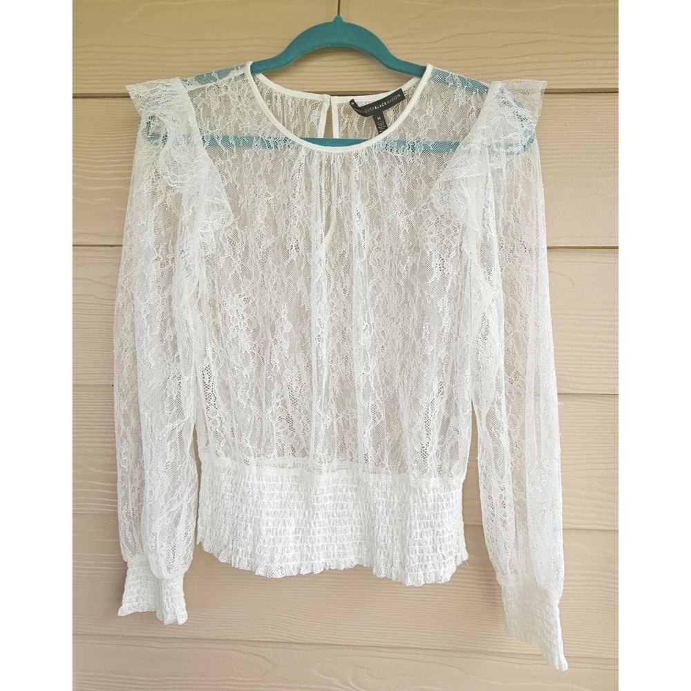 Lace White House Black Market Long Sleeve Elastic Waist White See Through Sz M